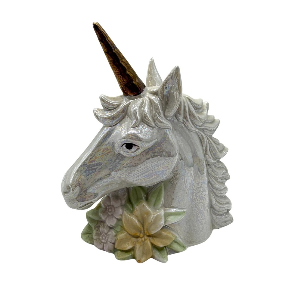 VTG Iridescent Ceramic Unicorn‎ Head Bust Gold Horn Pastel Floral Figurine